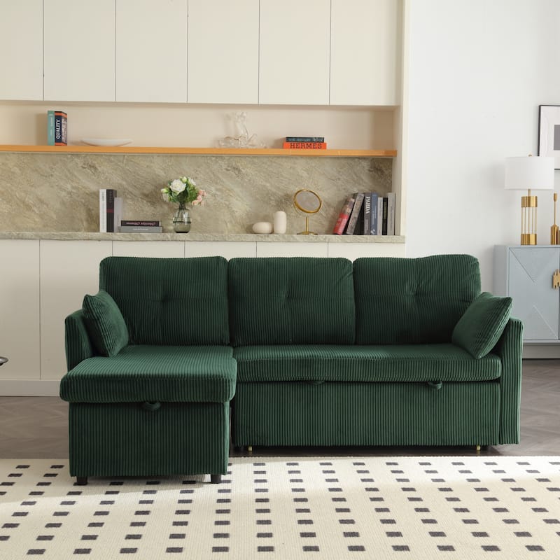 Corduroy/Chenille Upholstered L-Shaped Storage Reversible Chaise Sectional Sofa with Side Pocket