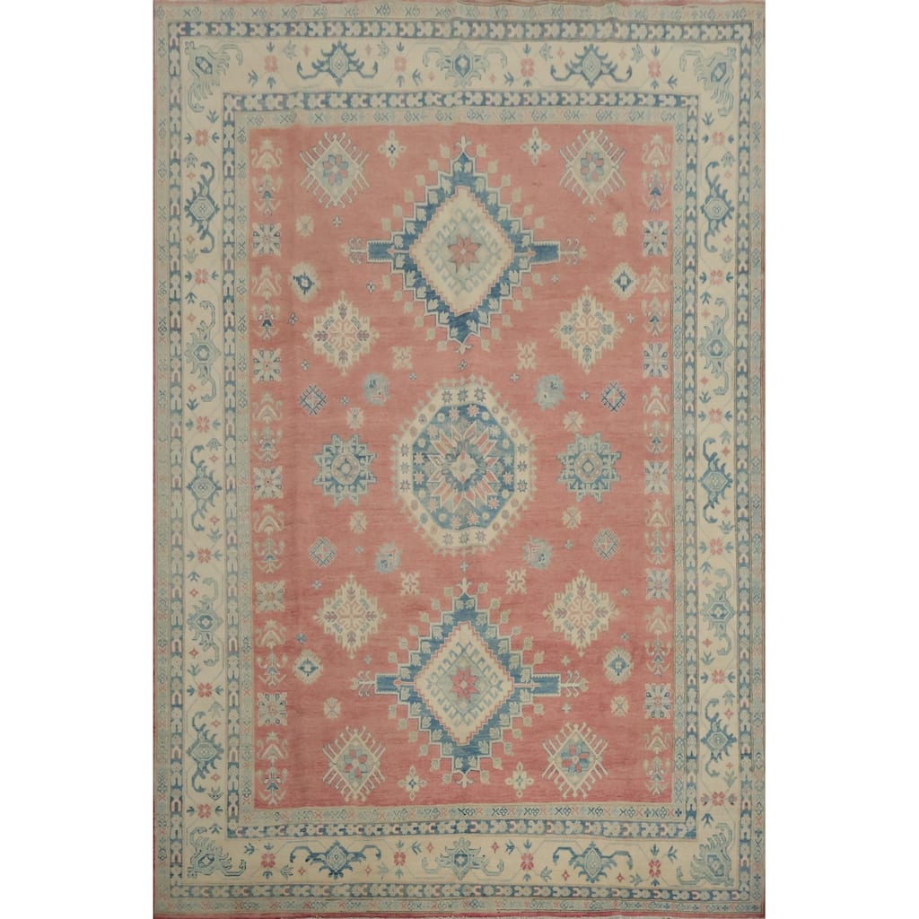 Hand Knotted Oriental 100% Wool Carpet Traditional Geometric Pink Kazak Area Rug - 10' 11'' X 8' 4''