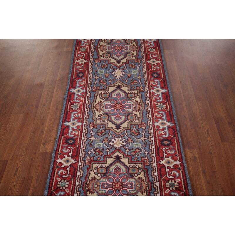 Blue Kazak Oriental Runner Rug Hand-Knotted Geometric Wool Carpet - 2'7"x 8'3"