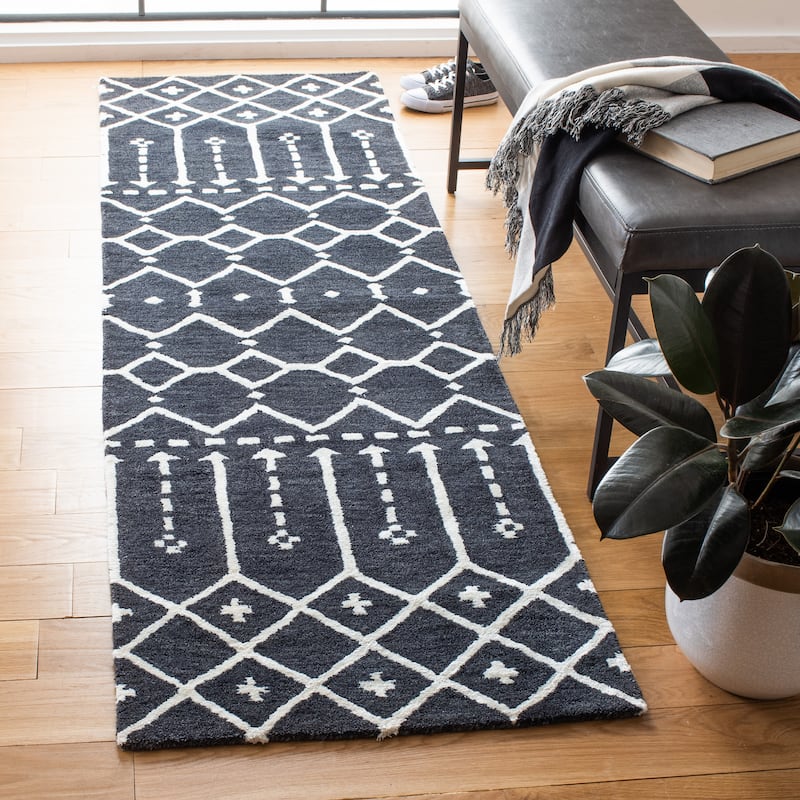 SAFAVIEH Handmade Himalaya Parasols Modern Wool Rug - 2'3" x 8' Runner - Dark Grey/Ivory