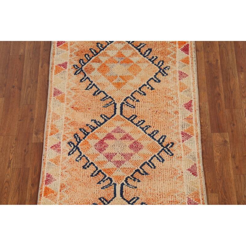 Geometric Oushak Vintage Runner Rug Handmade Oriental Wool Carpet - 2'8"x 13'1"