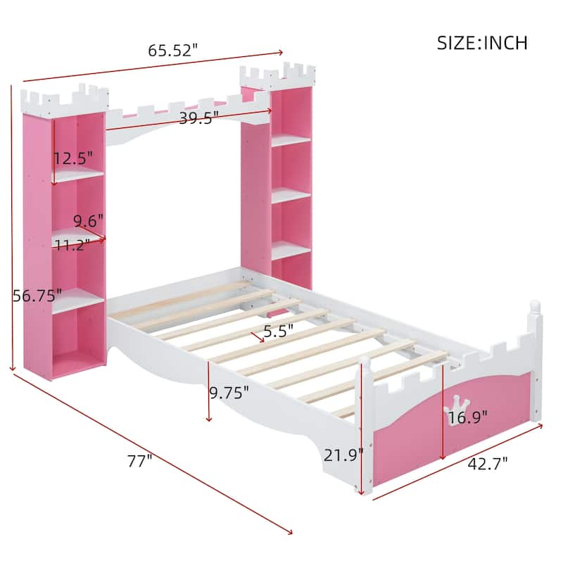 Twin Size Castle-Shaped Bed with Storage Shelf