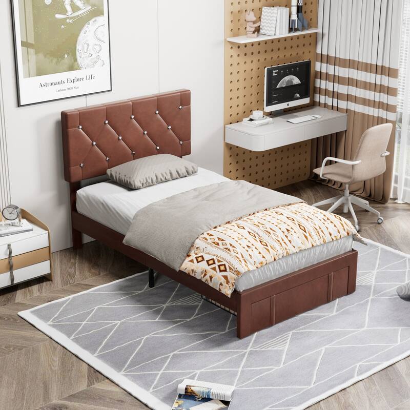 VECELO Bed Frame with Storage Drawers Leather Upholstered with Diamond Tufted Headboard Solid Wood Slat Support
