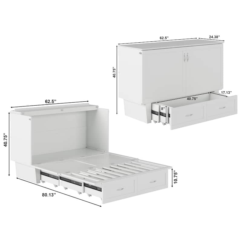 Monroe Queen Murphy Bed Chest with 6" Mattress, Storage Drawer & Built-In Charger in White