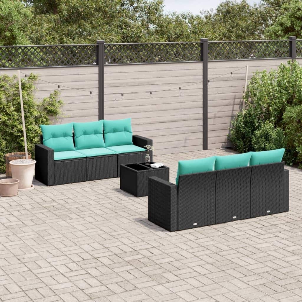 vidaXL 7 Piece Patio Sofa Set with Cushions Black Poly Rattan - 21.7" x 24.4" x 27.2"