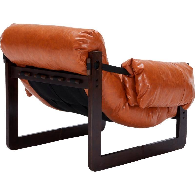 Vintage Orange Medieval Modern Lounge Chair - Removable Armrests, Waxed Leather & Rubberwood Frame