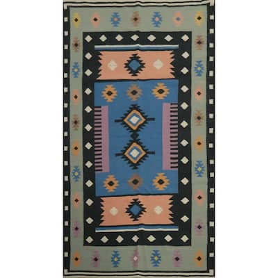 Hand Woven Oriental 100% Wool Carpet Southwestern Tribal Navy Blue & Blues Kilim Area Rug - 10' 0'' X 5' 3''