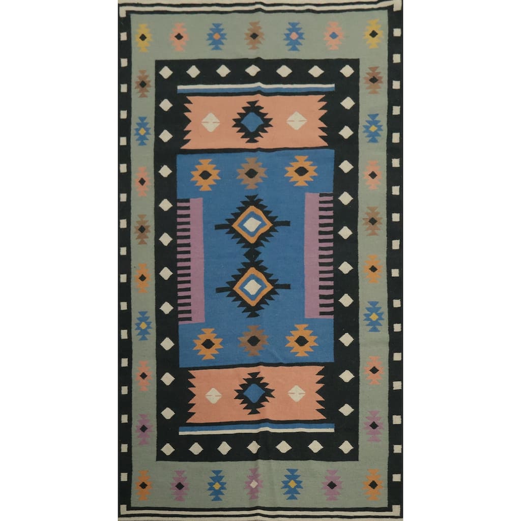 Hand Woven Oriental 100% Wool Carpet Southwestern Tribal Navy Blue & Blues Kilim Area Rug - 10' 0'' X 5' 3''