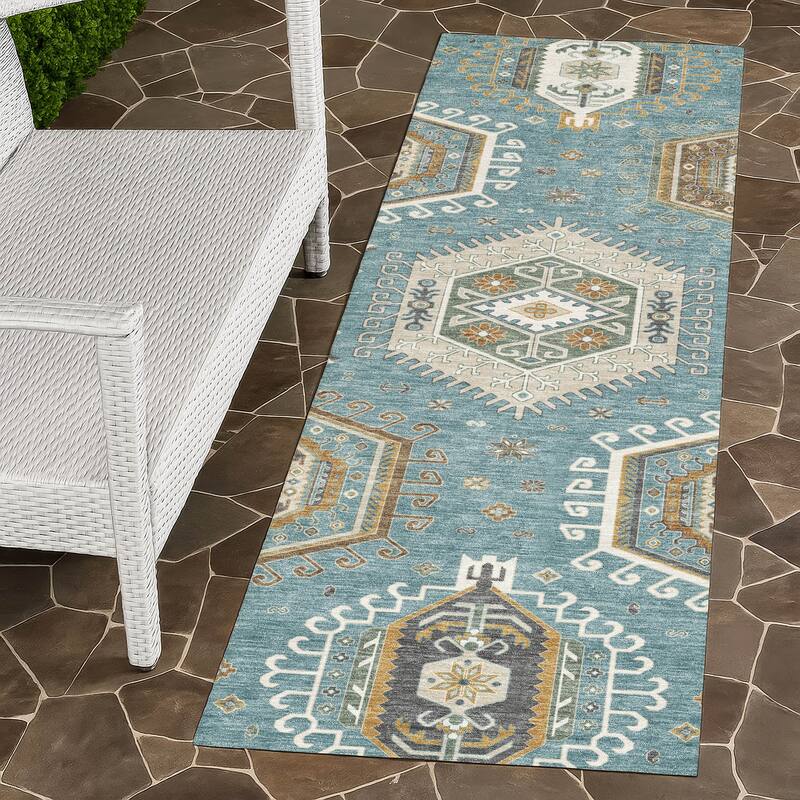 Machine Washable Indoor/ Outdoor Global Akron Chantille Rug - Teal - 2'3" x 7'6"