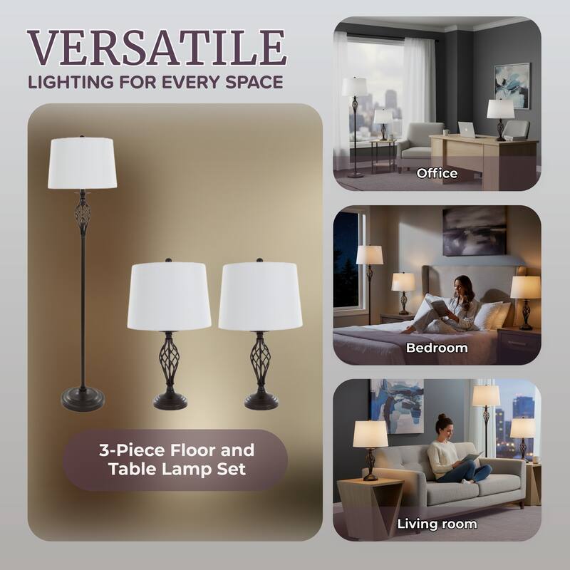 Set of 3 Elegant and Chic Spiral Cage Design Table & Floor Lamps by Lavish Home