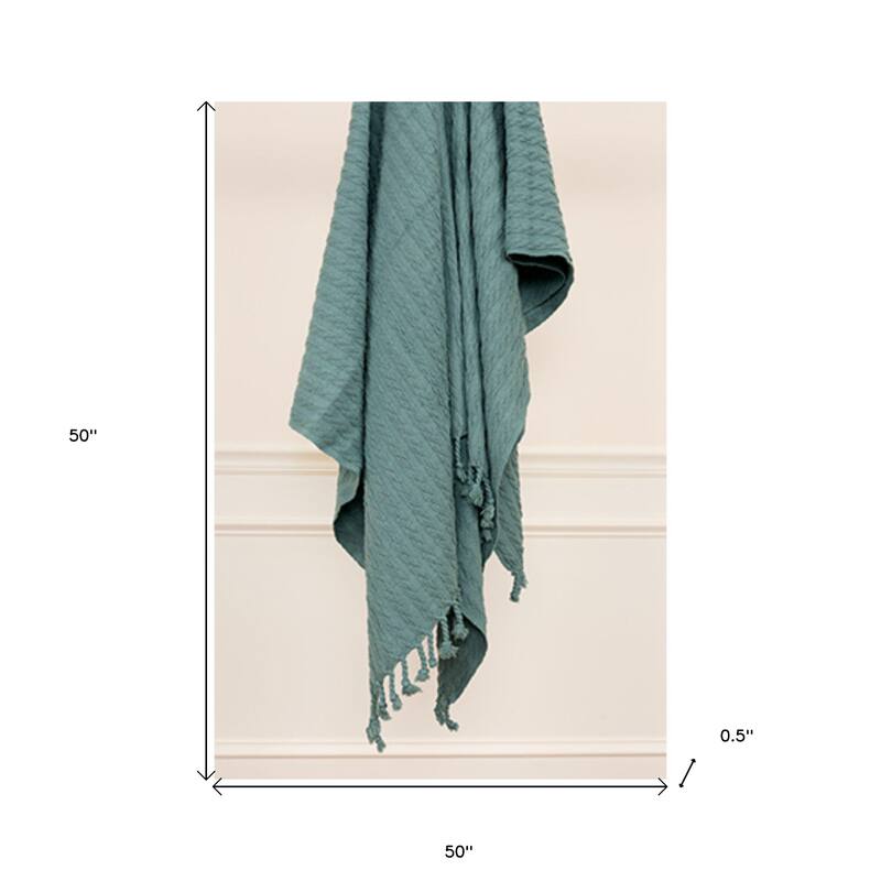 HomeRoots 50" X 60" Teal Cotton Cable Knit Throw Blanket with Tassels