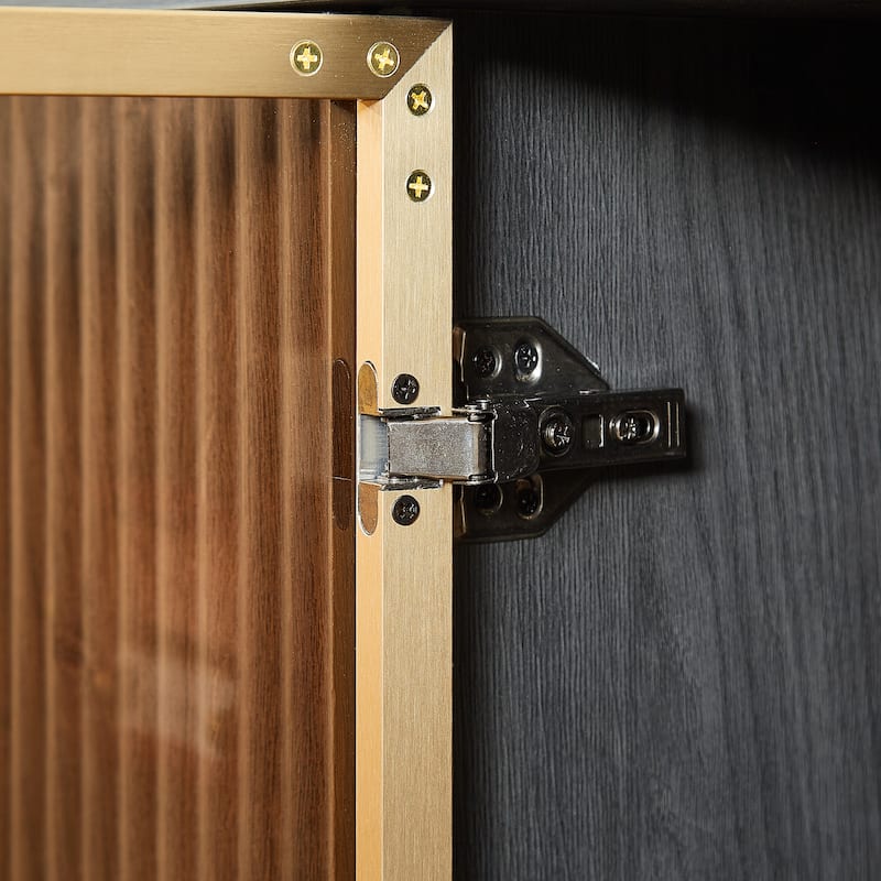 Anmytek 64 Inch Wavy Wooden TV Cabinet Black Aluminum Frame Tempered Glass Door Storage Sideboard