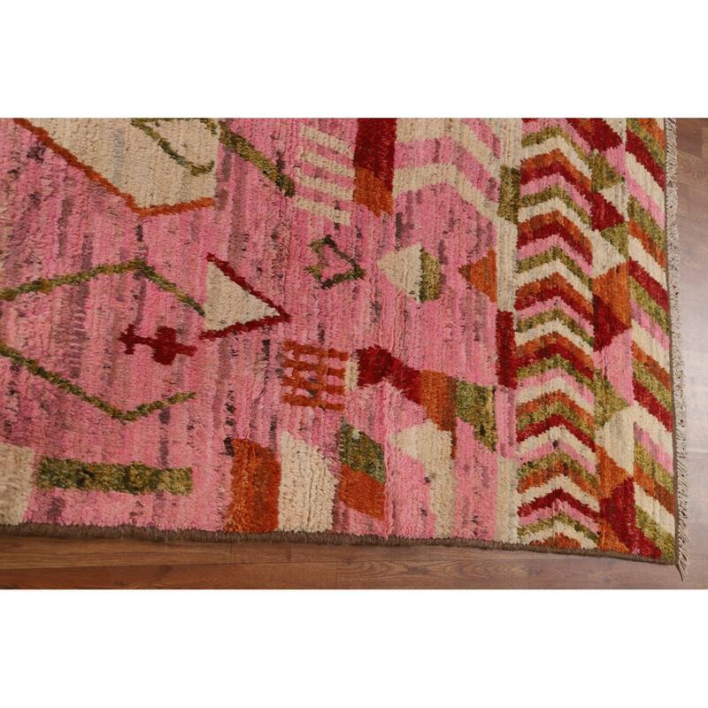 Hand Knotted Oriental 100% Wool Carpet Modern Tribal Pink Moroccan Area Rug - 9' 10'' X 6' 5''