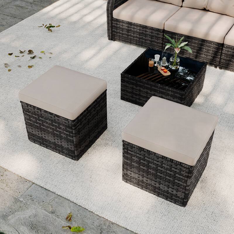 Outdoor Patio PE Wicker Ottoman with Cushion Set of 2