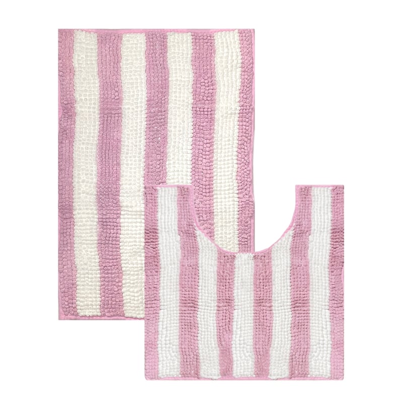 2 Piece Set Pink White Stripe Soft Cozy Plush Chenille Bath Mat Bathroom Rug