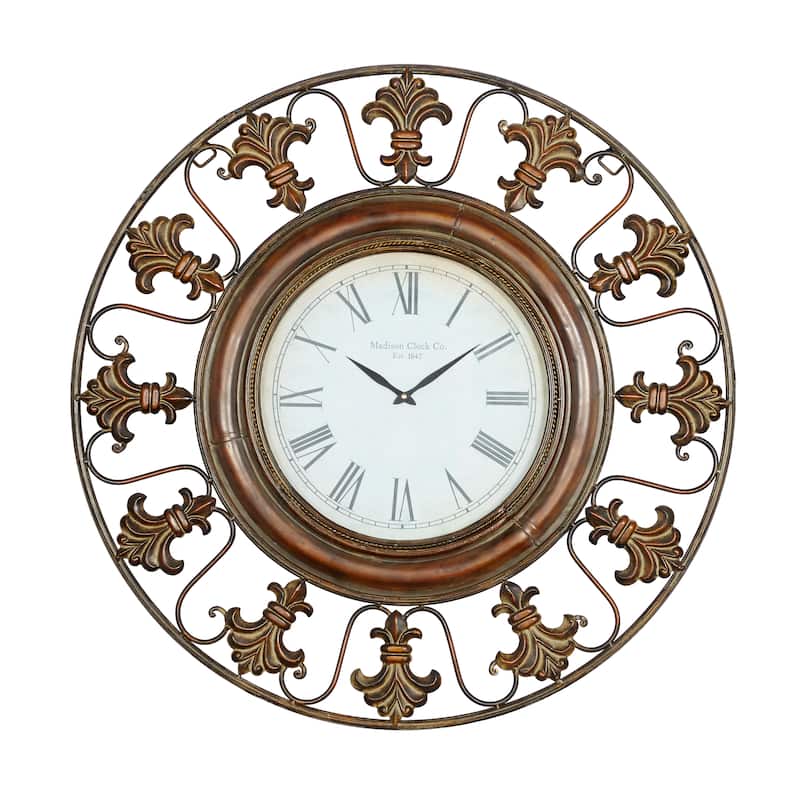 Metal Fleur De Lis Wall Clock - Brown - Roche River Decor - 5"W x 38"L x 38"H