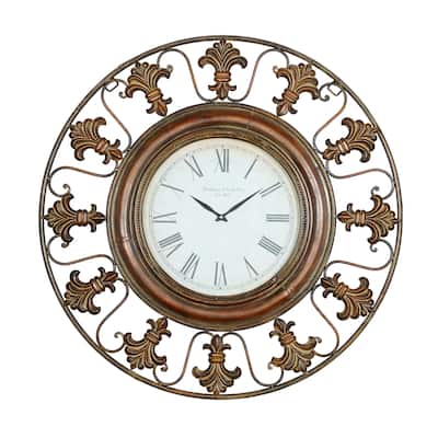 Metal Fleur De Lis Wall Clock - Brown - Roche River Decor - 5"W x 38"L x 38"H