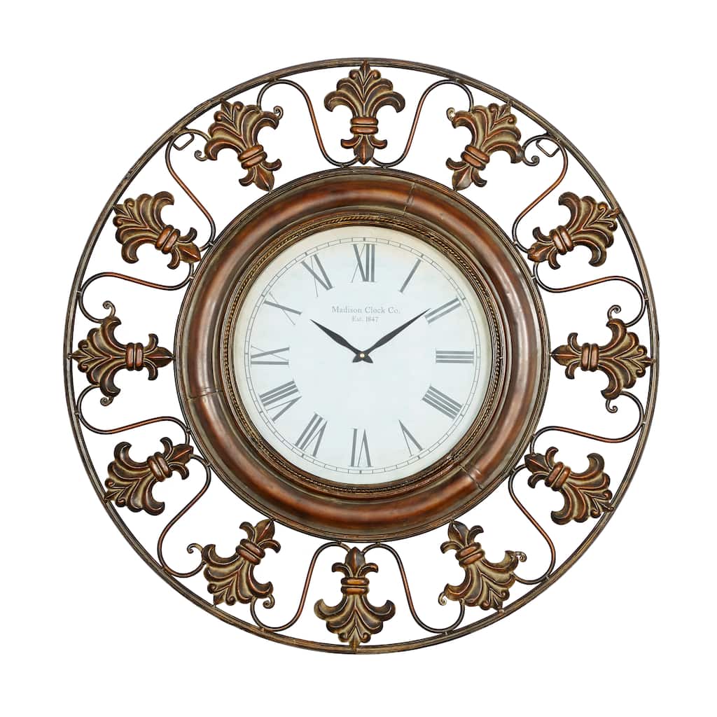 Metal Fleur De Lis Wall Clock - Brown - Roche River Decor - 5"W x 38"L x 38"H