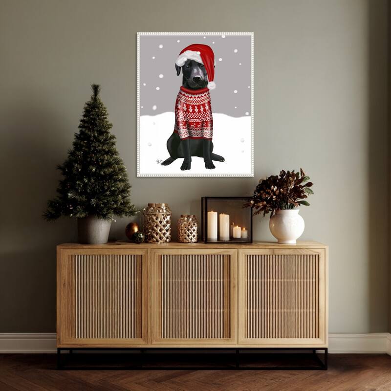 Black Labrador Christmas Sweater 1 by Fab Funky (23 x 28 in.), Framed Canvas Wall Art Print - Sylvie Beaded White
