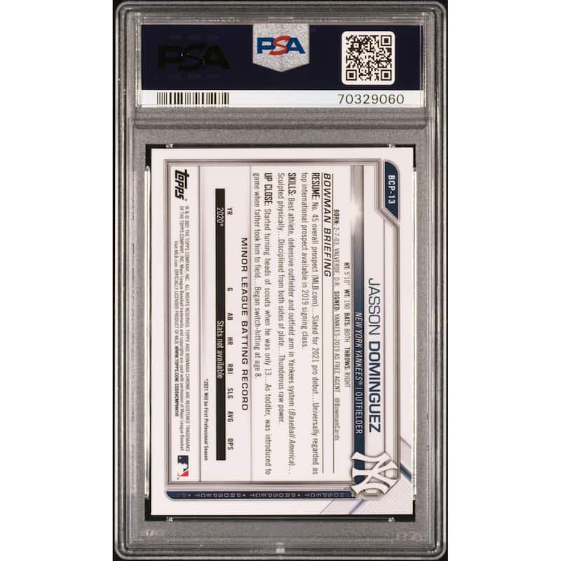 Jasson Dominguez 2021 Bowman Chrome Prospects Rookie Card #BCP13 Graded PSA 10 - 8'6" x 11'6"