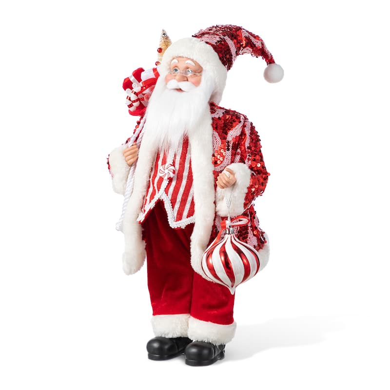 Glitzhome 18"H Faux Fur Christmas Santa Figurines with Porcelain Face