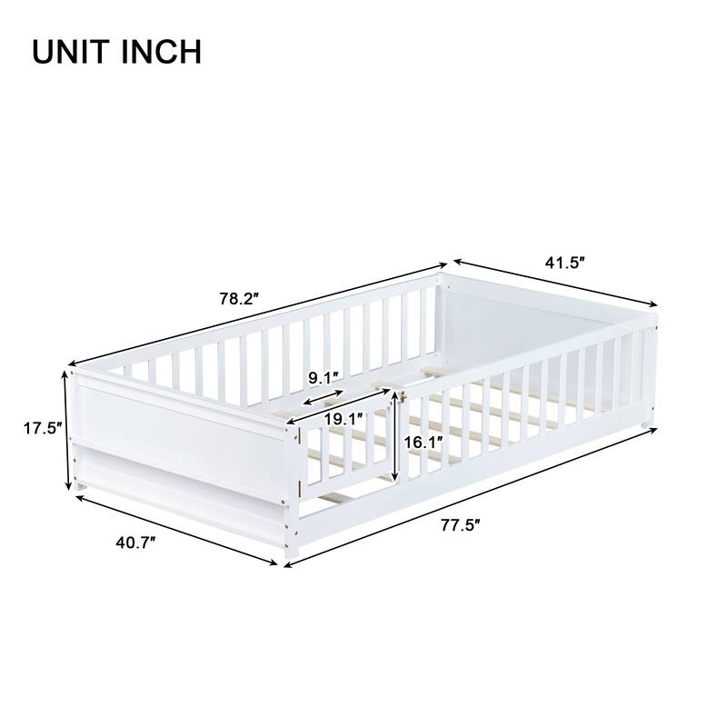 Twin Size Floor Bed with Built-in Book Rack and Safety Door, White