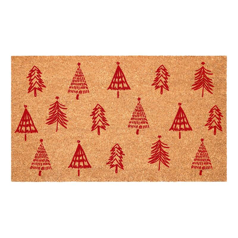 HomeRoots 17" X 29" Brown And Red Christmas Trees Outdoor Coir Door Mat - 17.00' X '29.00