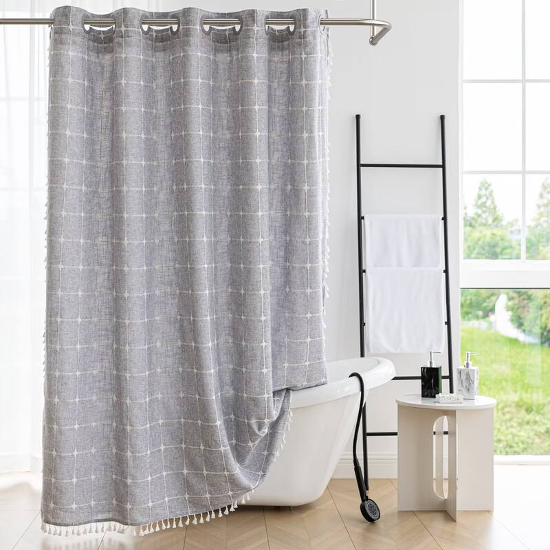 No Hooks Linen Textured Geometric Tassels Shower Curtain with Snap-in Liner