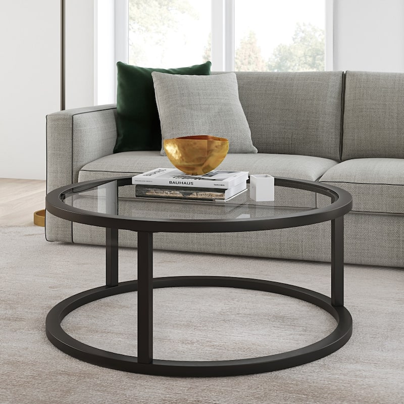 35-Inch Glass and Steel Round Coffee Table for Living Room - 35” x 35” x 17”
