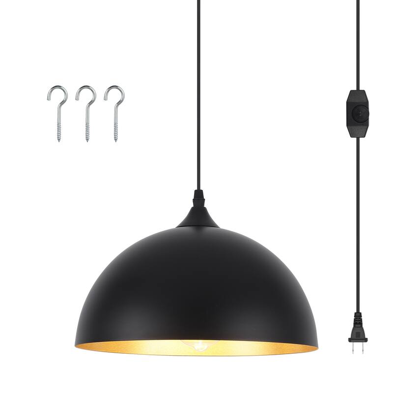 1-Light Dome Hanging Pendant Light Chandelier Lighting for Kitchen Island with Metal Cover & Plug - Black