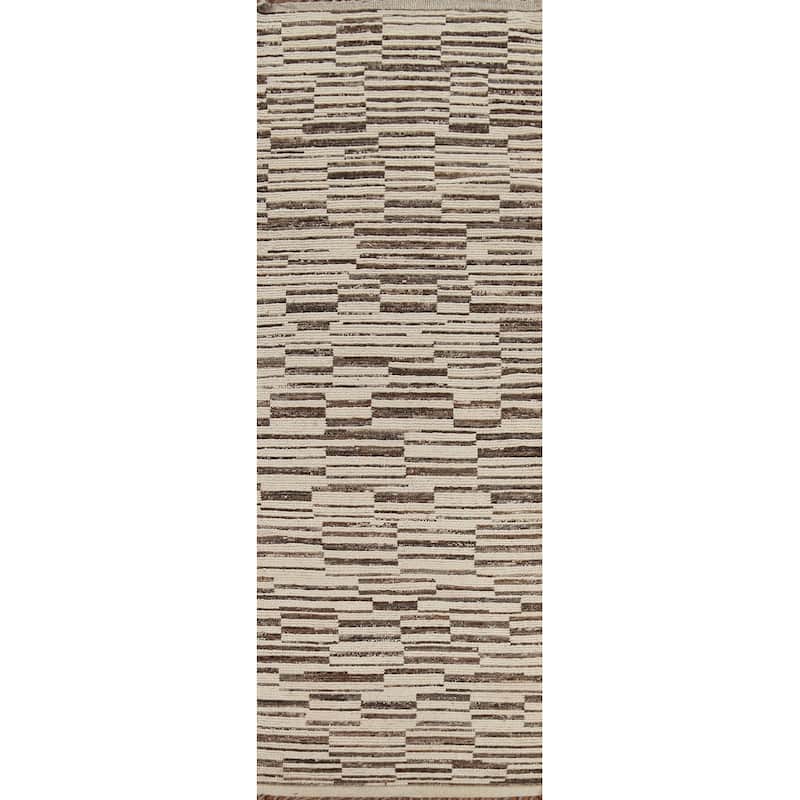All-Over Striped Moroccan Oriental Runner Rug Hand-Knotted Wool Carpet - 4'0"x 13'6"