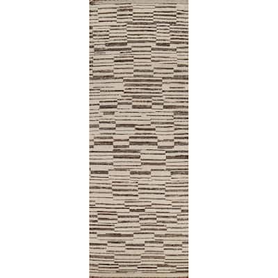 All-Over Striped Moroccan Oriental Runner Rug Hand-Knotted Wool Carpet - 4'0"x 13'6"