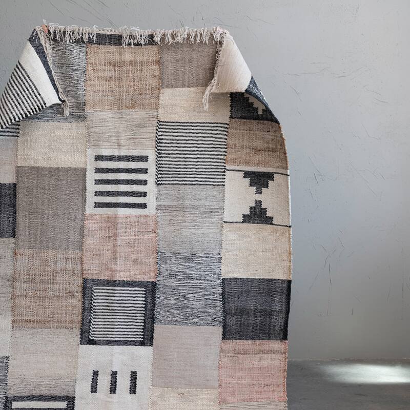 Wool and Jute Blend Patchwork Rug - 96.0"L x 60.0"W x 0.5"H - 96.0"L x 60.0"W x 0.5"H