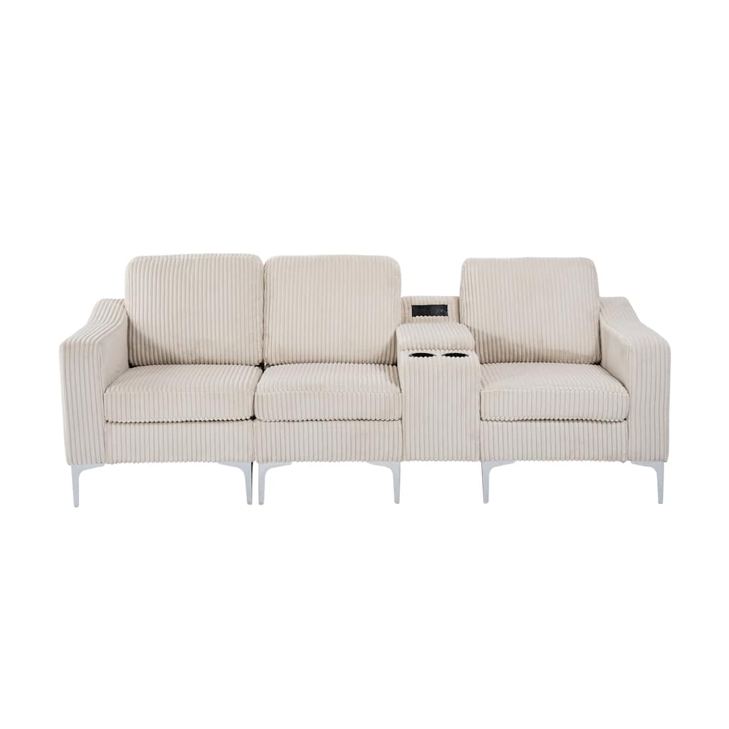 Modern 3-Seat Modular Corduroy Sectional Sofa with USB Ports and Cup Holders for Living Room Apartment