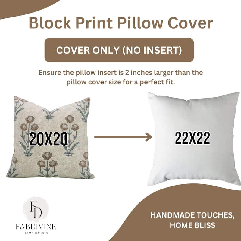 Fabdivine Hand Block Print Floral Pillow Cover Linen Cushion Case for Sofa Guest Room Fall Home Accent Gift, Shehjan