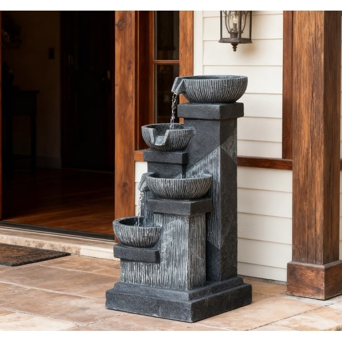 4-Tier Resin Cascading Bowls Outdoor Waterfall Fountain,Water Fountain,with LED Lights, Pump