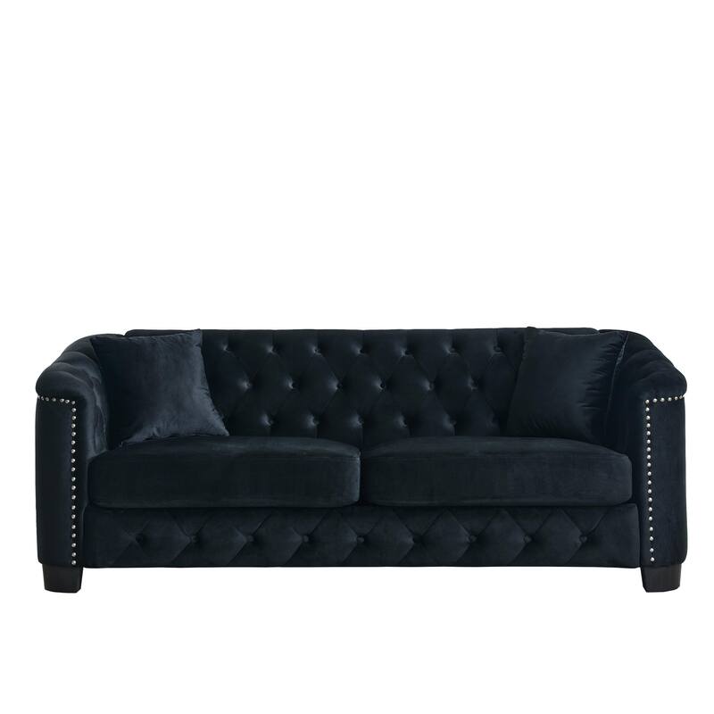 Chesterfield Velvet 3 Seater Sofa, Upholstered Sofa with Tufted Backrests, Lounge Sofa with Nailhead Arms & 2 Cushions