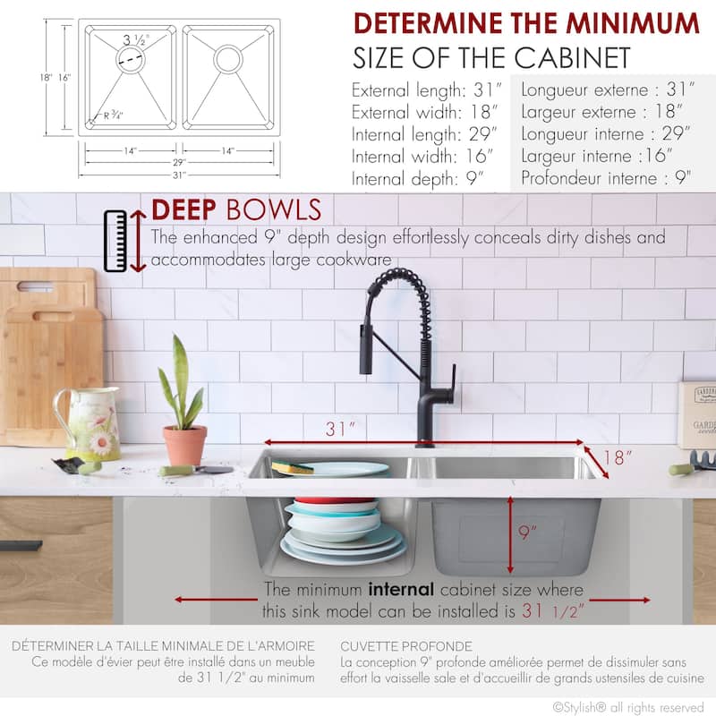 STYLISH Dual Mount 31" Double-Bowl Stainless Steel Kitchen Sink with Grids and Strainers S-401G - 31" x 18" x 9"