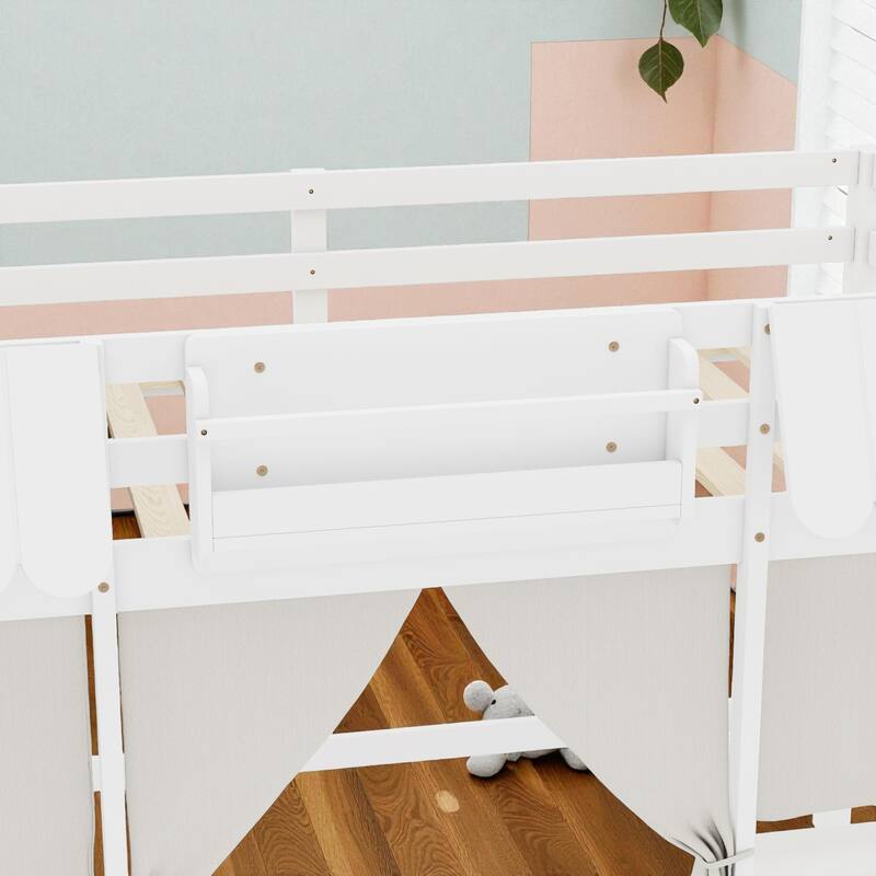 Twin/Full Loft Bed with Bookshelf, Curtain Playhouse, Storage Shelf, Cottage Roof Design and Safety Guardrails for Kids