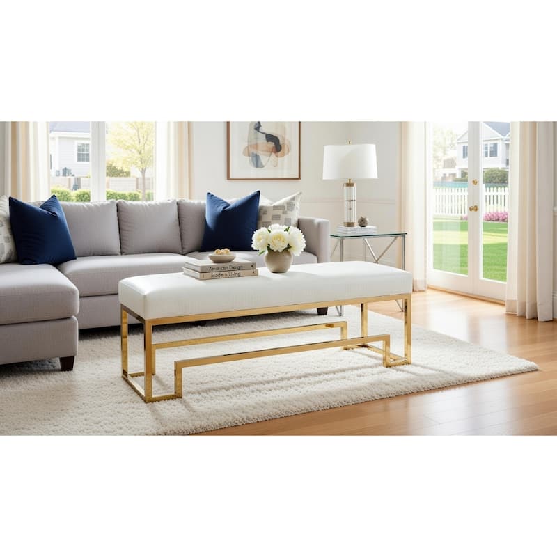 Rectangular Faux Leather Upholstered Bench with Stainless Steel Base, White and Gold