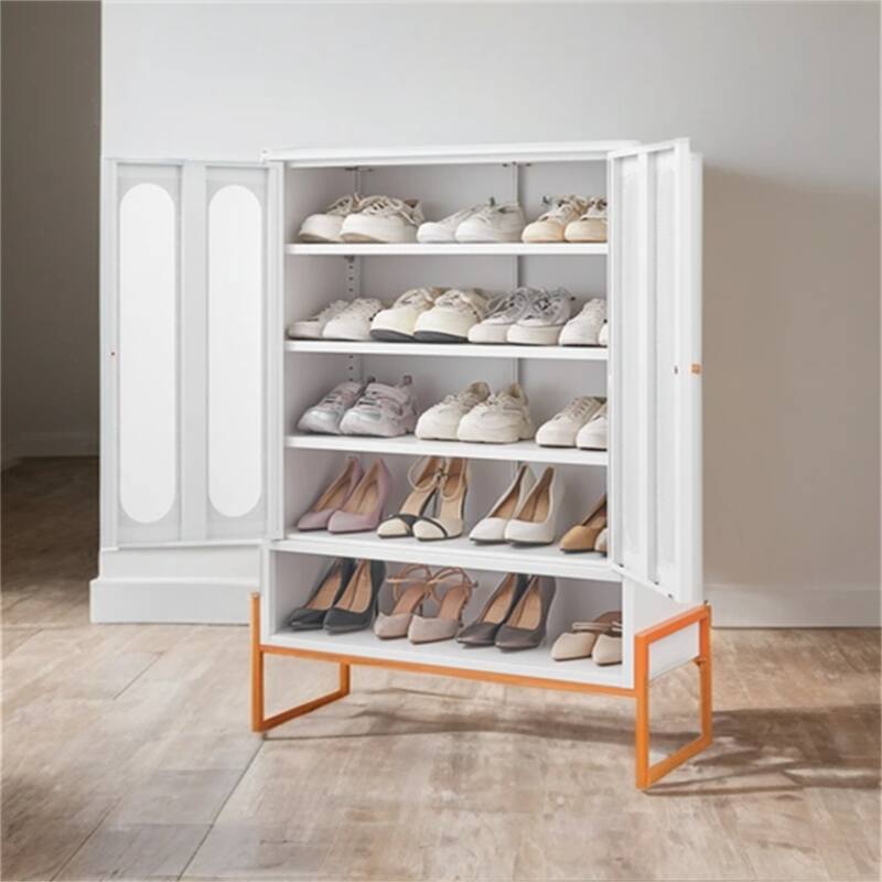 Modern Metal Shoe Cabinet with Adjustable Mesh Doors and High Foot