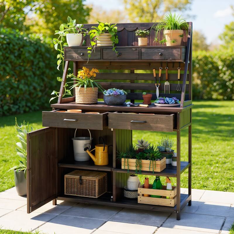 Outdoor Durable Fir Wood Potting Bench, Weather-Resistant, Ergonomic Design - N/A - Brown