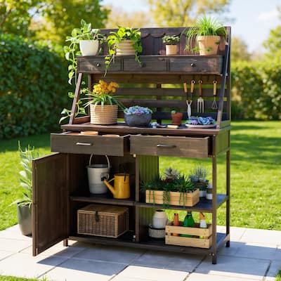 Outdoor Durable Fir Wood Potting Bench, Weather-Resistant, Ergonomic Design - N/A