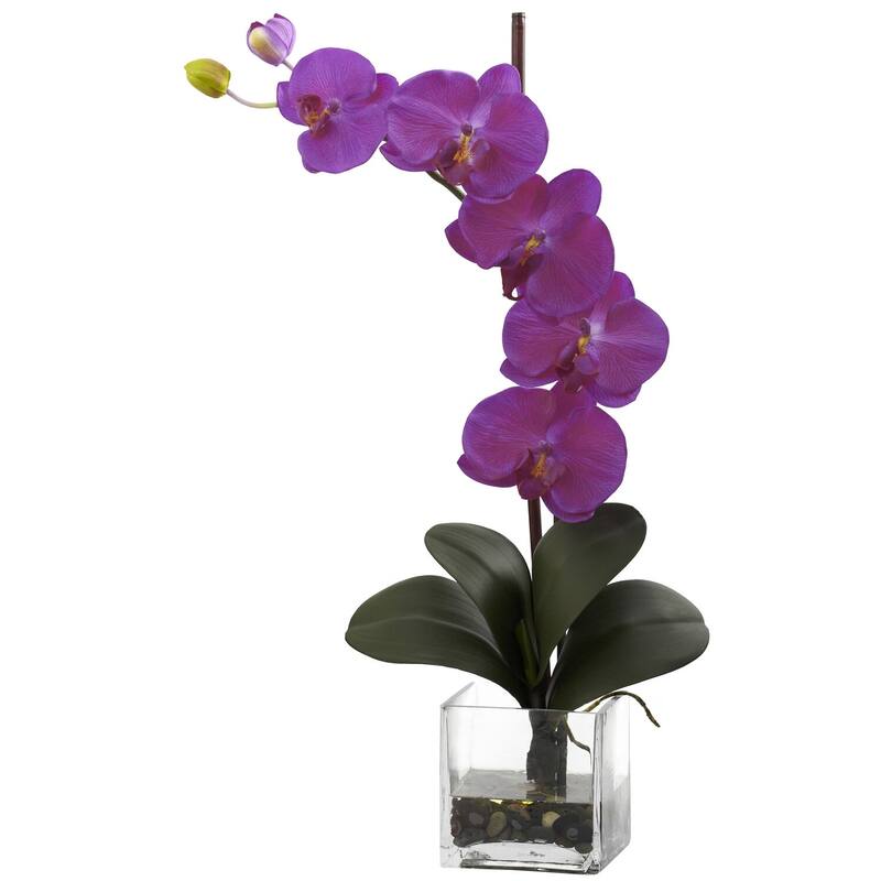 Silk Orchid Plant with Vase Arrangement - Home Decor Artificial Flowers for Living Room - Purple - 5