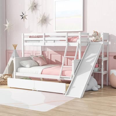 Twin Over Full Bunk Bed with Slide & Storage and 2 Drawers, 3 Shelves & Ladder (400lb Capacity)