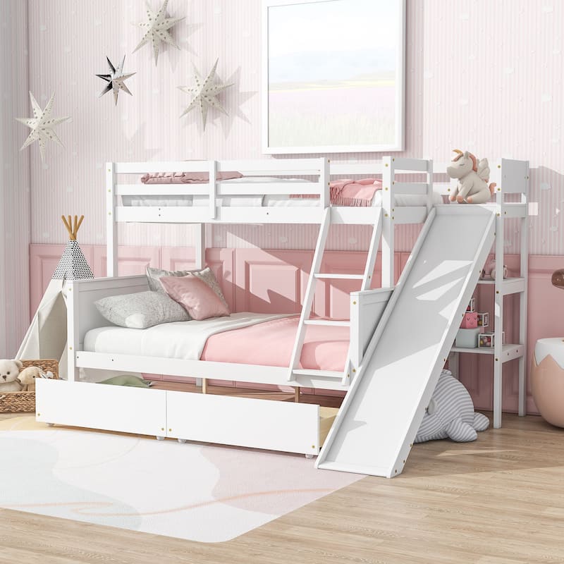 Twin over Full Bunk Bed with 2 Drawers, Slide, Shelves, Ladder, Rubber Wood Bunk Bed with Slide, Drawers - White