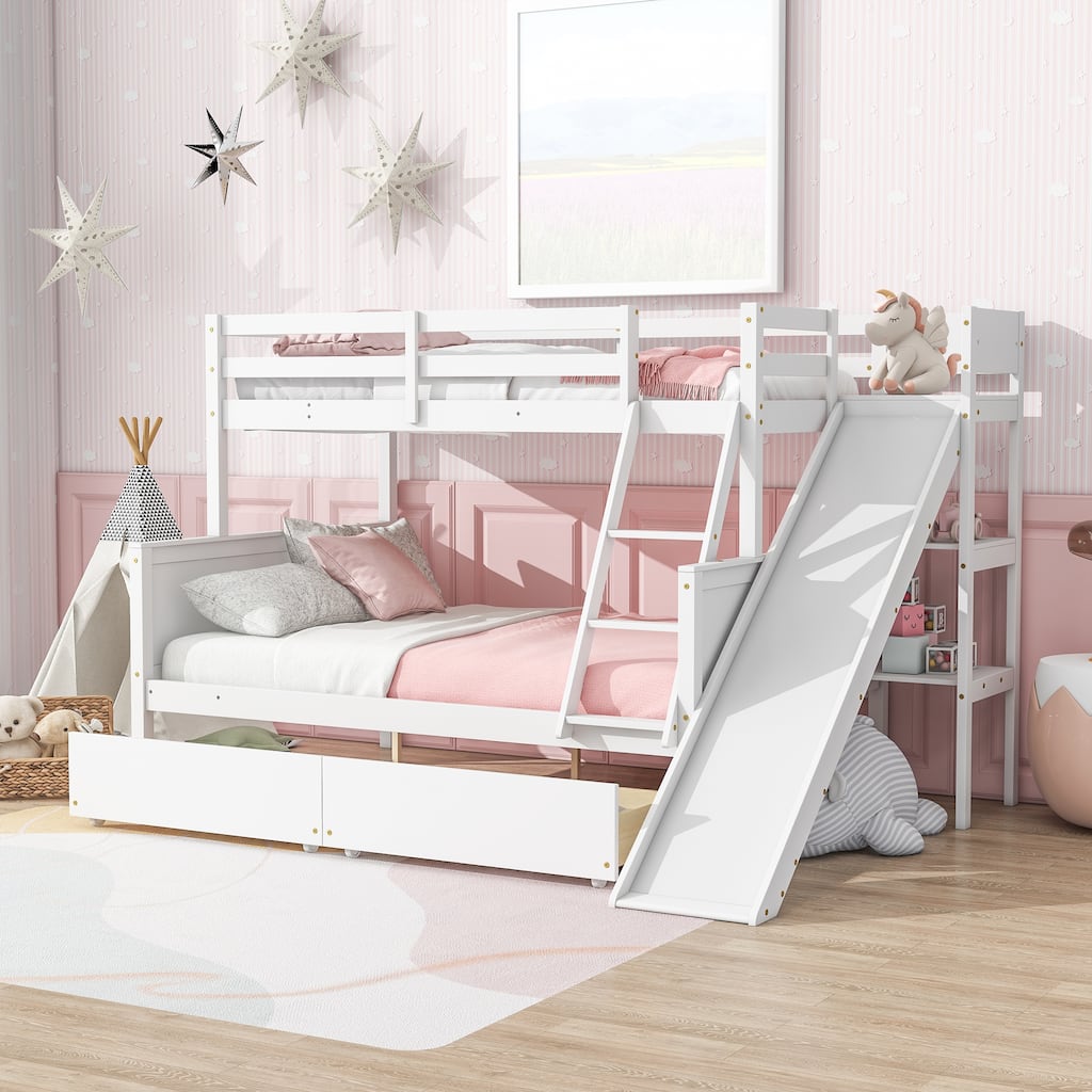 Twin over Full Bunk Bed with Slide, Drawers, Shelves, and Ladder