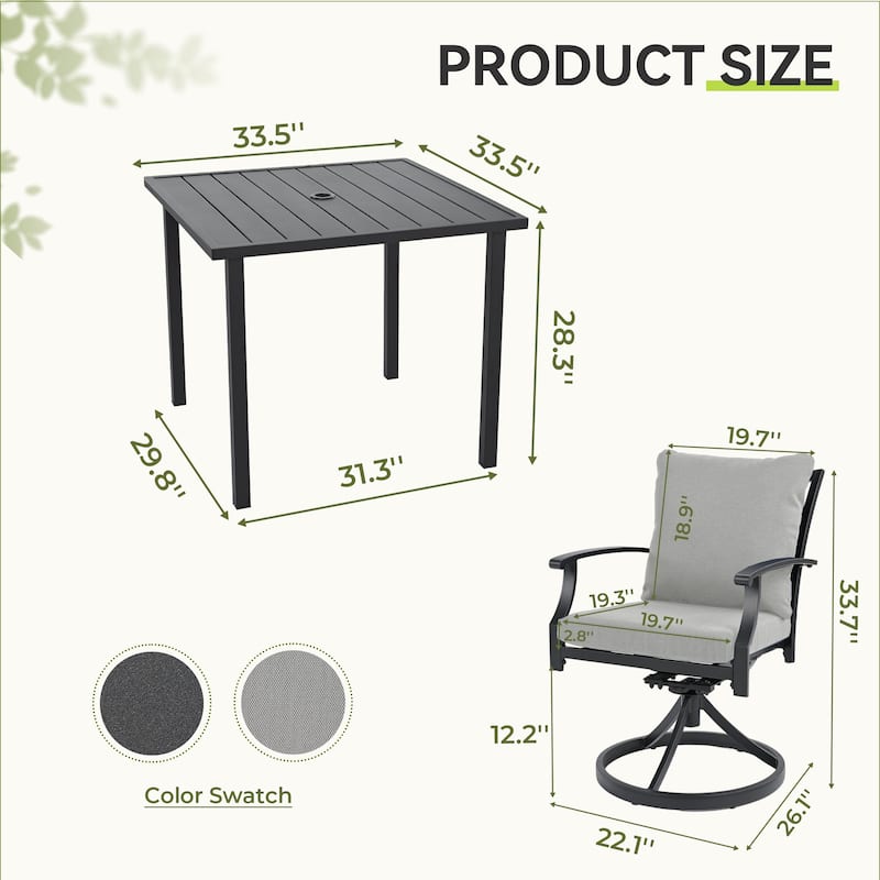 IvyGlow 5-Piece Black Metal Patio Dining Set with Square Table, 4 Swivel Dining Chairs and Gray Cushions