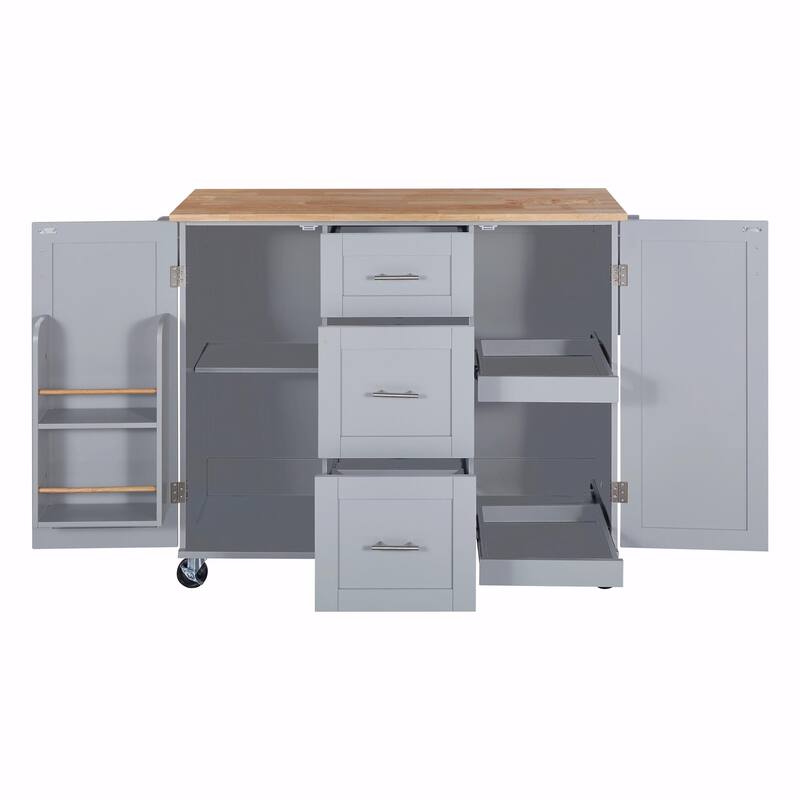 Rolling Kitchen Island with Rubber Wood Top, Drawers, Shelves, Internal Storage, Wheels, Spice & Towel Racks