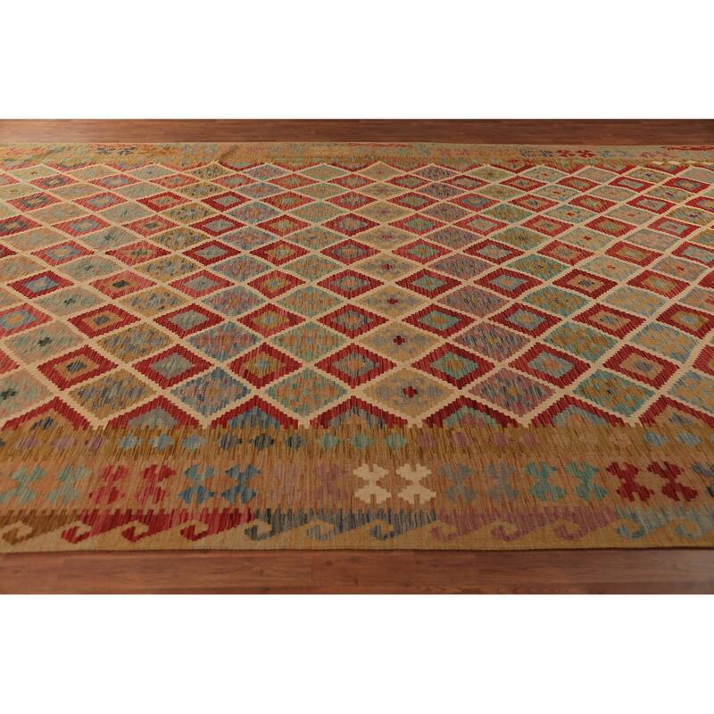Geometric Reversible Kilim Oriental Large Rug Hand-Woven Wool Carpet - 10'3"x 16'2"